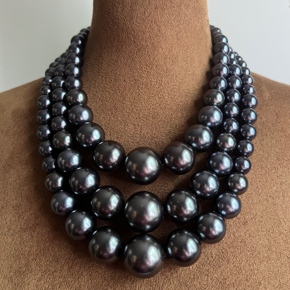 Gunmetal Grey Triple Strand Faux Pearl Statement Necklace 14-22in Goth